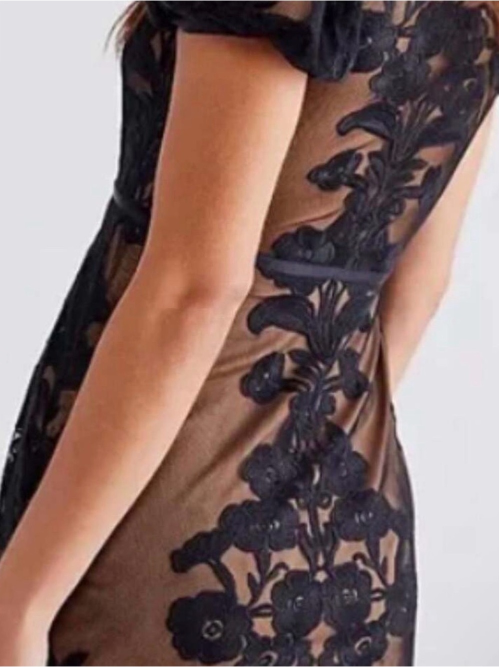 For Love & Lemons Black Lace Mesh Mini Dress Puff Sleeve Nude Lining Size L - Picture 4 of 6